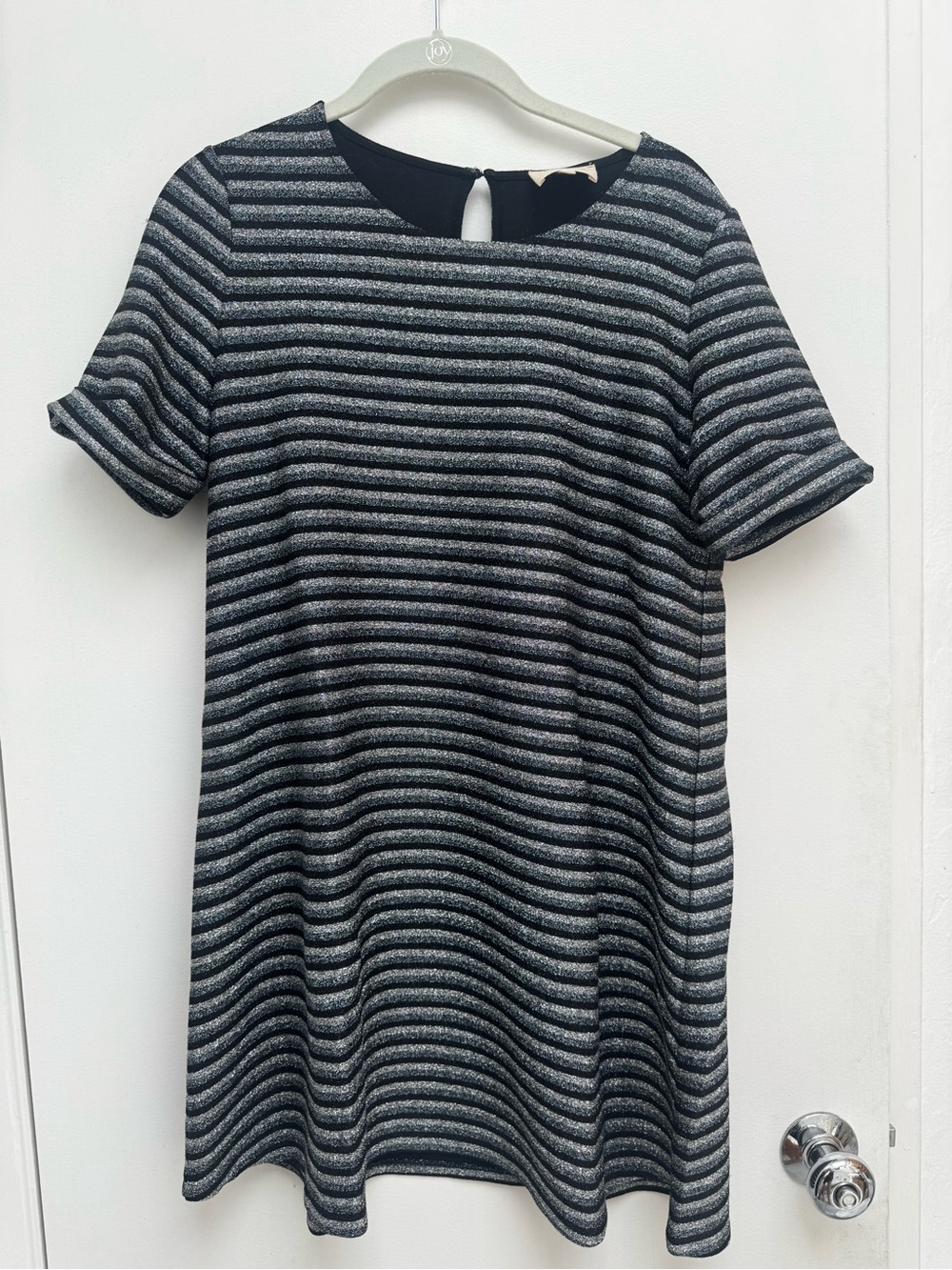 Sezane Black, Silver, Blue Sparkly Striped Short-Sleeve Mini Dress